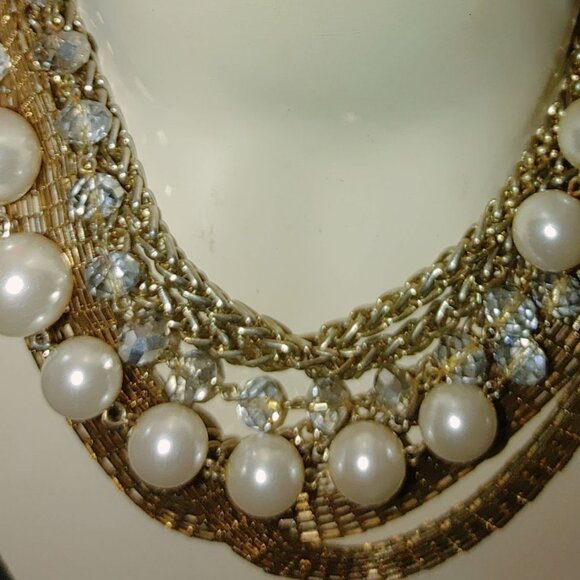 Statement Necklace Multi 8 Strand Glass Crystals Faux Pearls Gold Silver Chunky - Picture 3 of 15